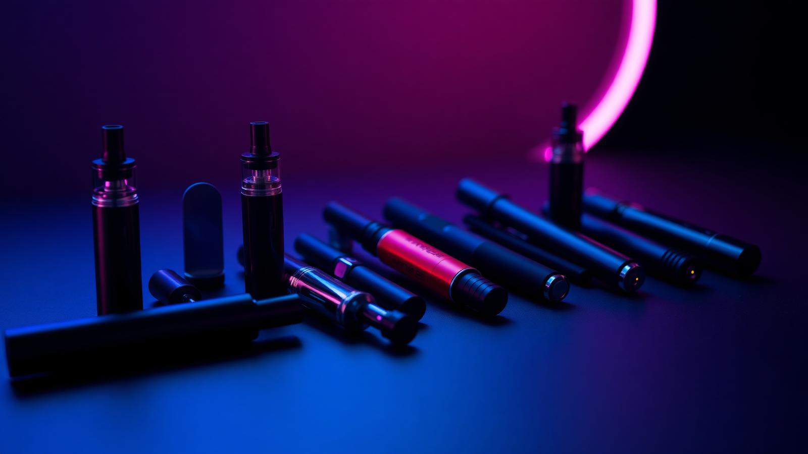 Assortment of premium disposable vape devices on a matte black surface with magenta and blue rim lighting for EB Vapes best online vape shop guide