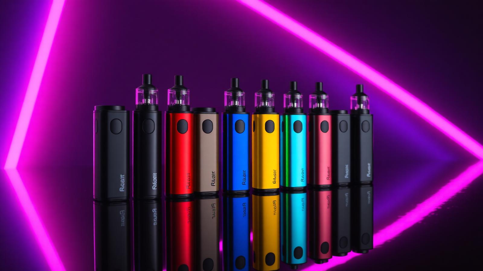 Lineup of colorful Raz-style disposable vape devices with neon pink and purple backlight for EB Vapes best Raz vapes shop guide