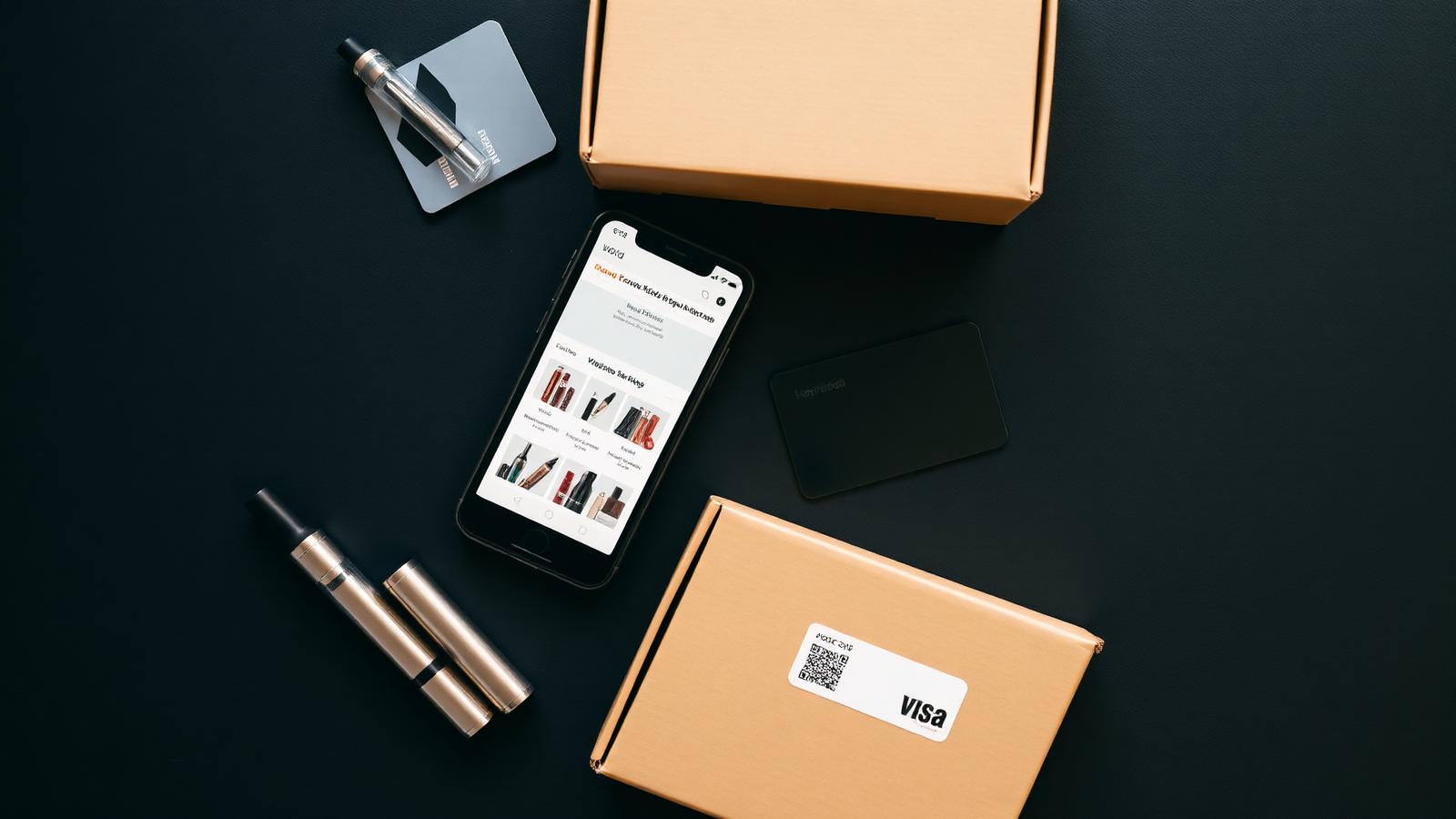 Overhead flatlay of a smartphone showing a vape shop website next to disposable vapes, credit card and shipping box on a dark desk