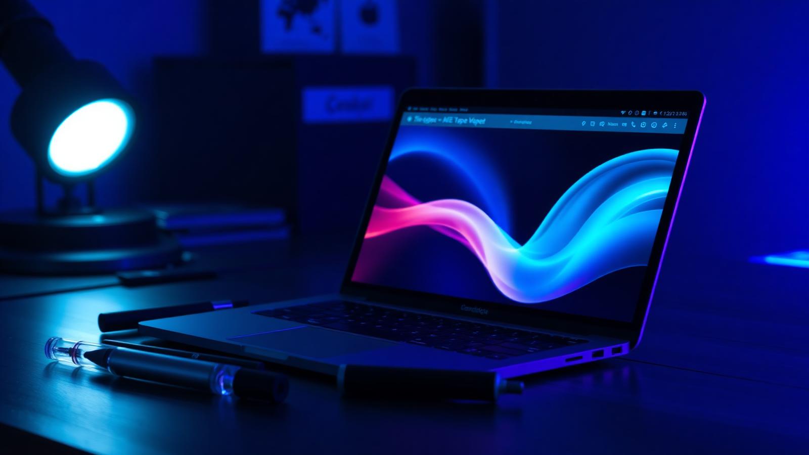 Cinematic laptop screen glowing with an abstract e-commerce interface beside disposable vape devices on a dark desk with cyan and violet lighting