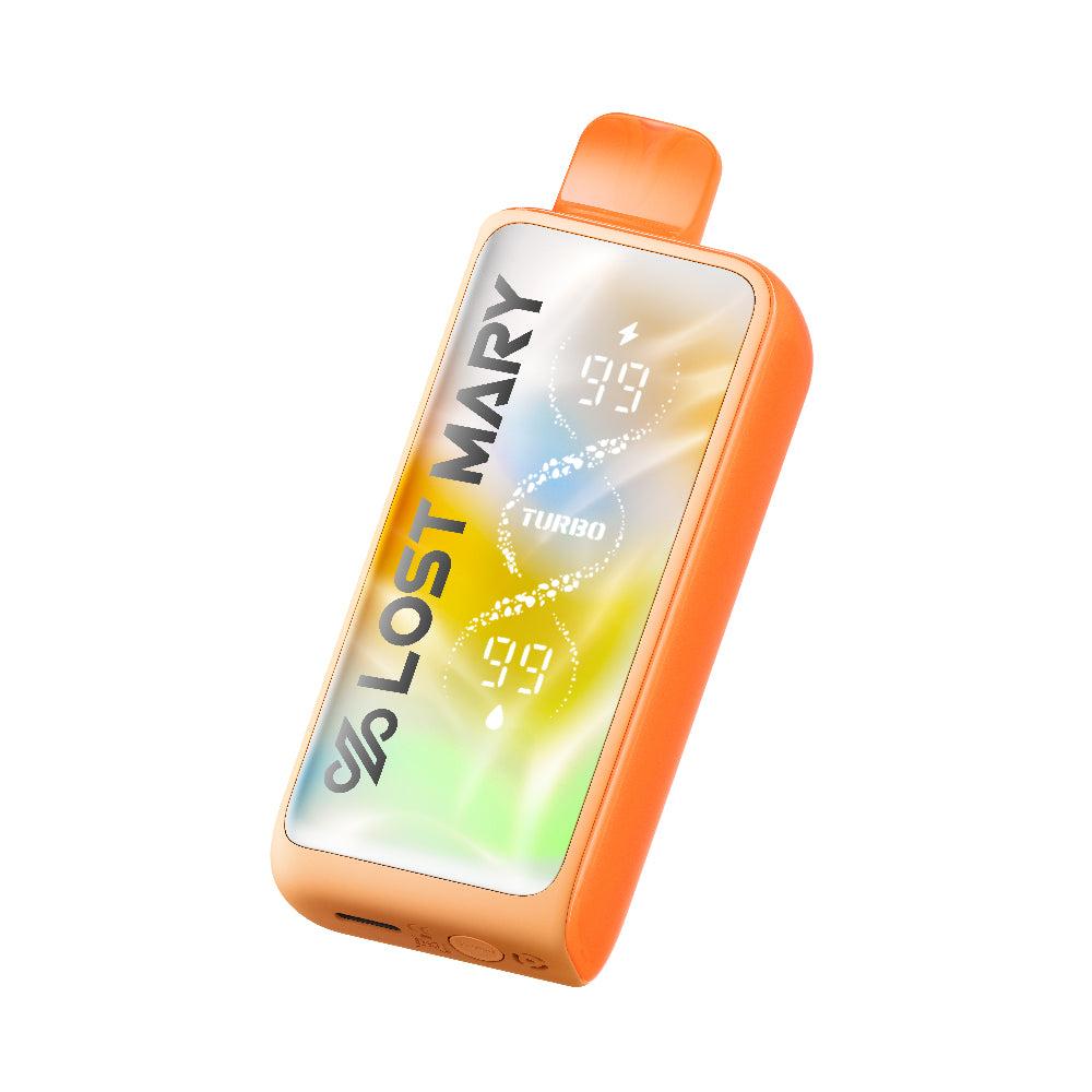 Lost Mary MT35000 Turbo with display screen Lost Mary MT35000 Turbo disposable vape in orange with battery and e-liquid display, stocked by EB Vapes