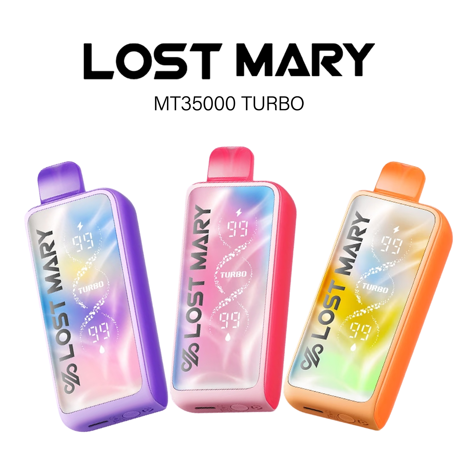 Three Lost Mary MT35000 Turbo disposable vapes in different flavors, part of the EB Vapes online shop selection alongside EB Create devices